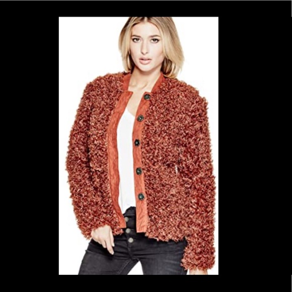Guess fire orange-red fuzzy jacket - Picture 2 of 9